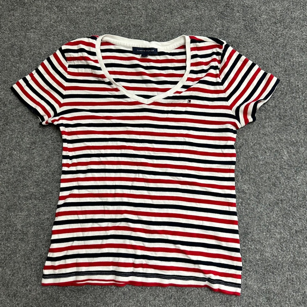 Tommy Hilfiger T-Shirt Womens L Red White Blue Striped V-Neck Slim Fit Cotton